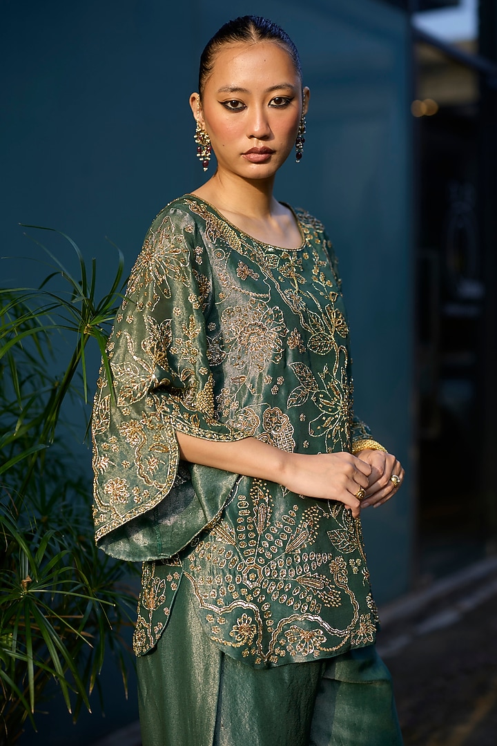 Teal Tissue Silk Hand Embroidered Kurta Set by Sarang Kaur at Pernia's Pop Up Shop