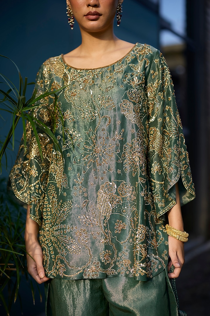 Teal Tissue Silk Hand Embroidered Kurta Set by Sarang Kaur at Pernia's Pop Up Shop