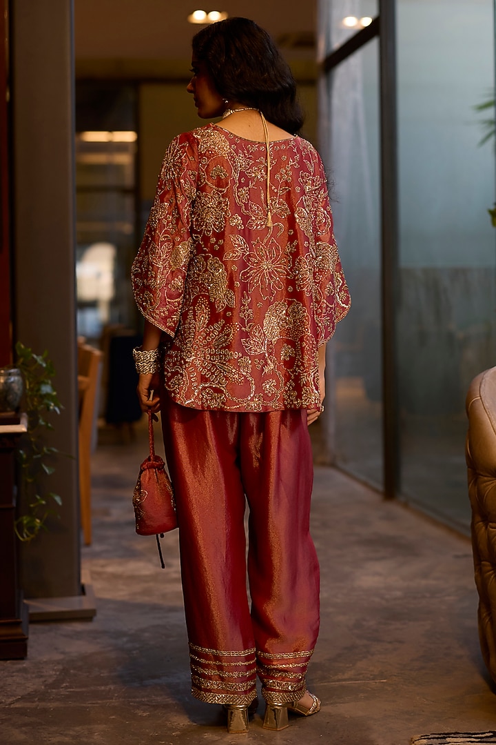 Red Tissue Silk Hand Embroidered Kurta Set by Sarang Kaur at Pernia's Pop Up Shop