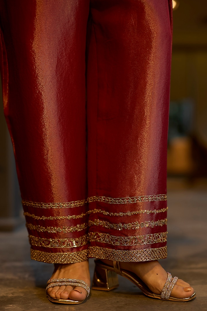 Red Tissue Silk Hand Embroidered Kurta Set by Sarang Kaur at Pernia's Pop Up Shop