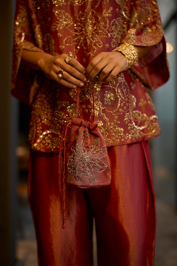 Red Tissue Silk Hand Embroidered Kurta Set by Sarang Kaur at Pernia's Pop Up Shop