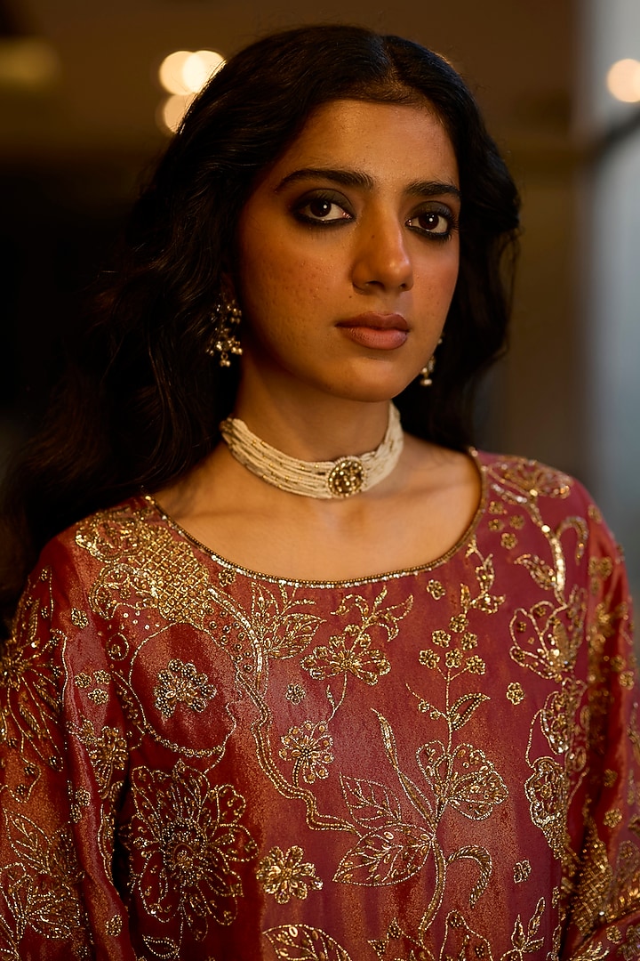 Red Tissue Silk Hand Embroidered Kurta Set by Sarang Kaur at Pernia's Pop Up Shop