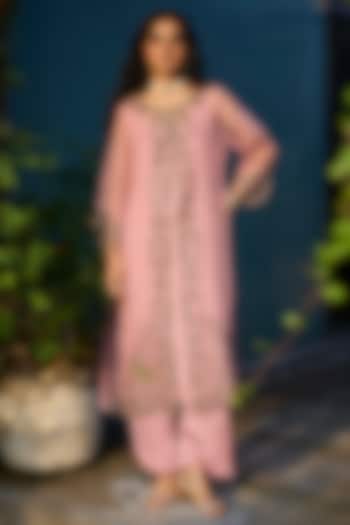 Pink Organza Silk Hand Embroidered Jacket Set by Sarang Kaur at Pernia's Pop Up Shop