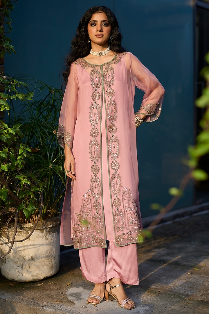 Pink Organza Silk Hand Embroidered Jacket Set by Sarang Kaur at Pernia's Pop Up Shop