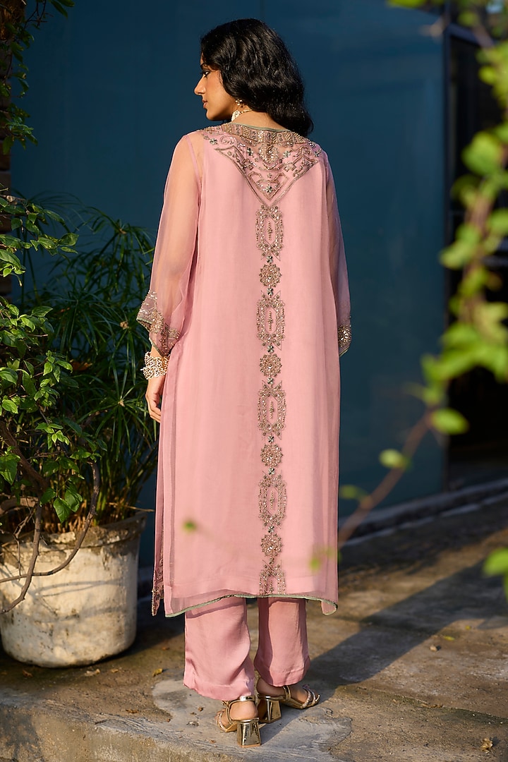 Pink Organza Silk Hand Embroidered Jacket Set by Sarang Kaur at Pernia's Pop Up Shop