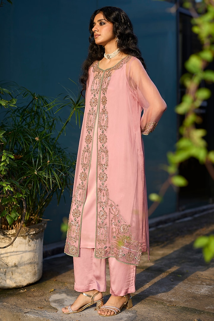 Pink Organza Silk Hand Embroidered Jacket Set by Sarang Kaur at Pernia's Pop Up Shop