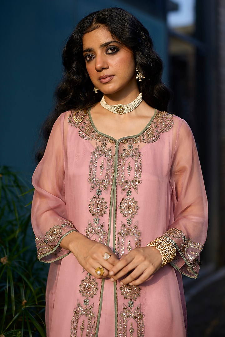 Pink Organza Silk Hand Embroidered Jacket Set by Sarang Kaur at Pernia's Pop Up Shop