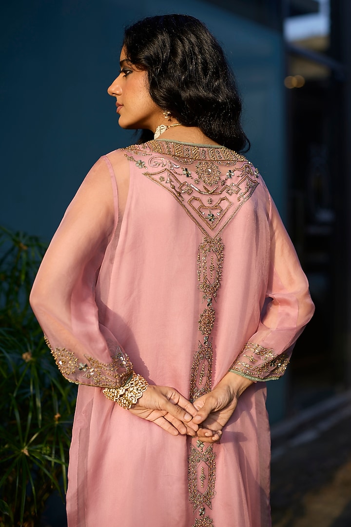 Pink Organza Silk Hand Embroidered Jacket Set by Sarang Kaur at Pernia's Pop Up Shop