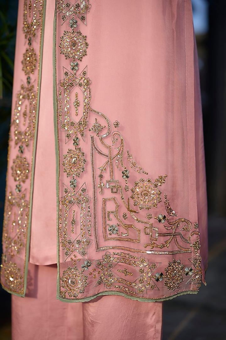 Pink Organza Silk Hand Embroidered Jacket Set by Sarang Kaur at Pernia's Pop Up Shop