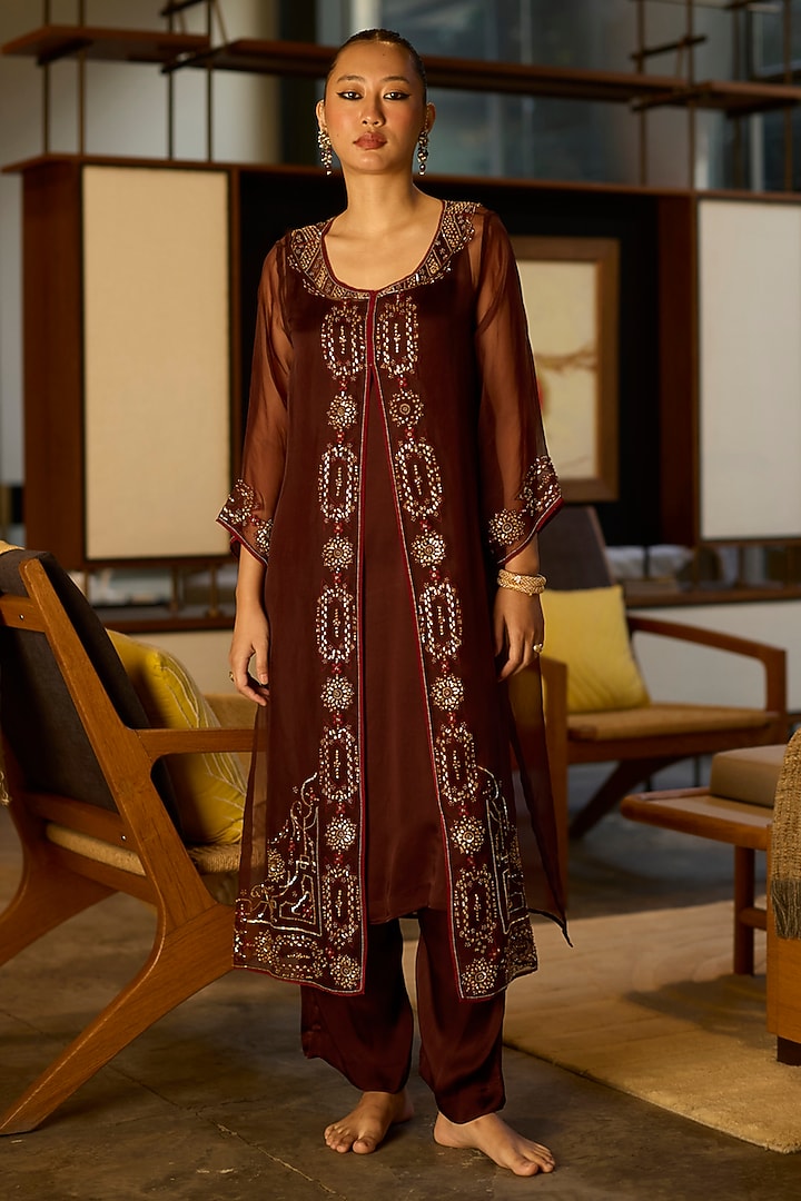 Brown Organza Silk Hand Embroidered Jacket Set by Sarang Kaur at Pernia's Pop Up Shop