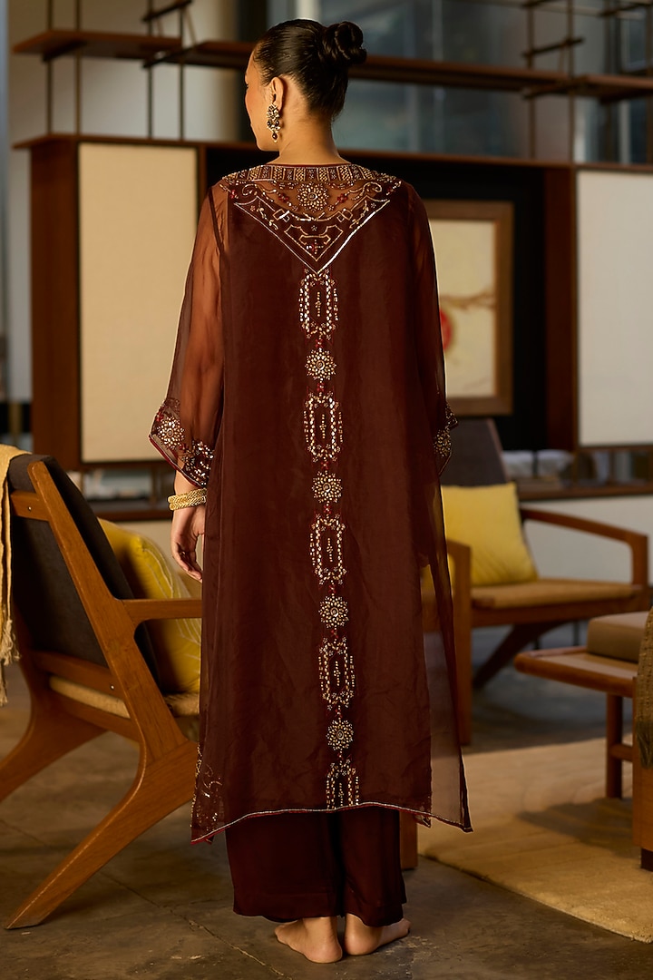 Brown Organza Silk Hand Embroidered Jacket Set by Sarang Kaur at Pernia's Pop Up Shop