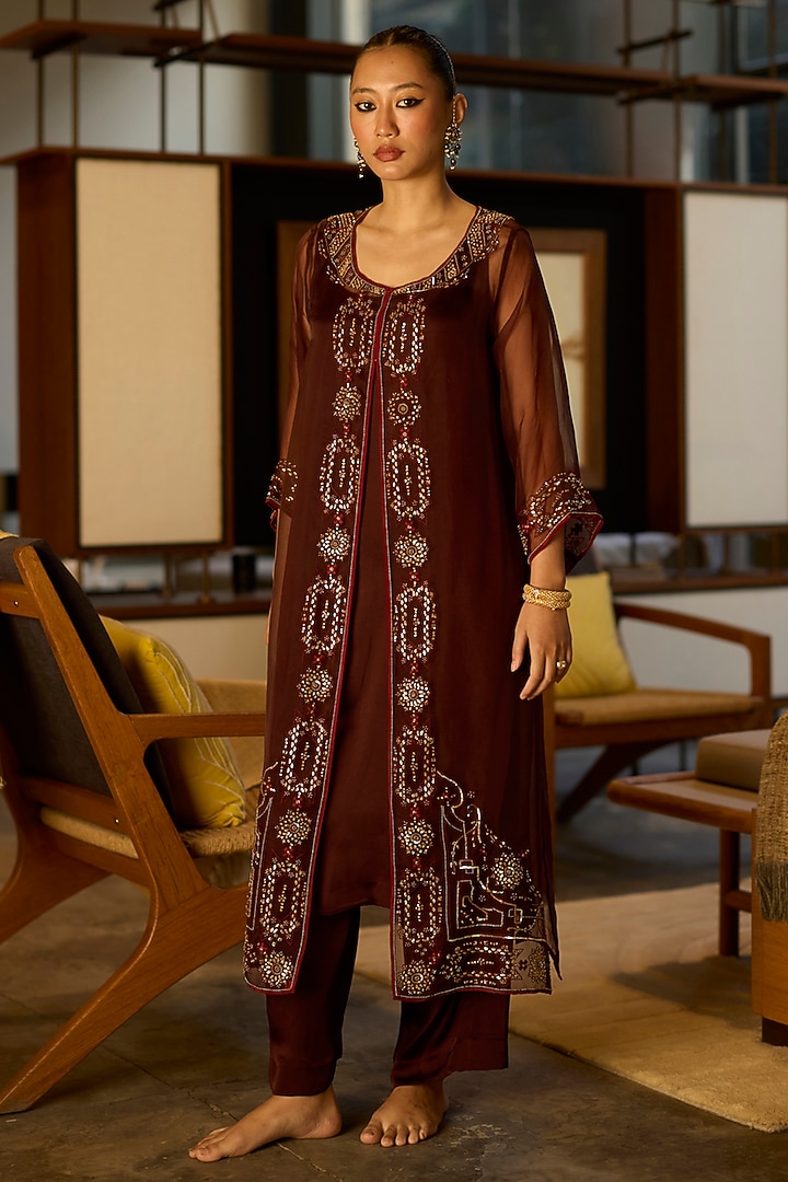 Brown Organza Silk Hand Embroidered Jacket Set by Sarang Kaur at Pernia's Pop Up Shop