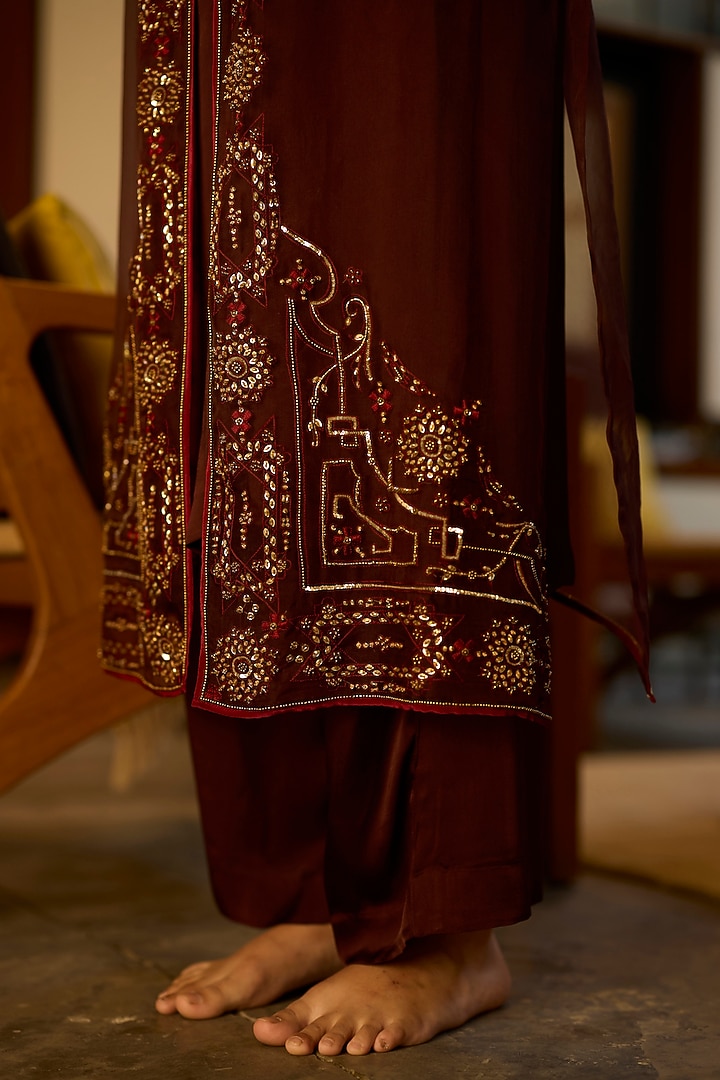 Brown Organza Silk Hand Embroidered Jacket Set by Sarang Kaur at Pernia's Pop Up Shop