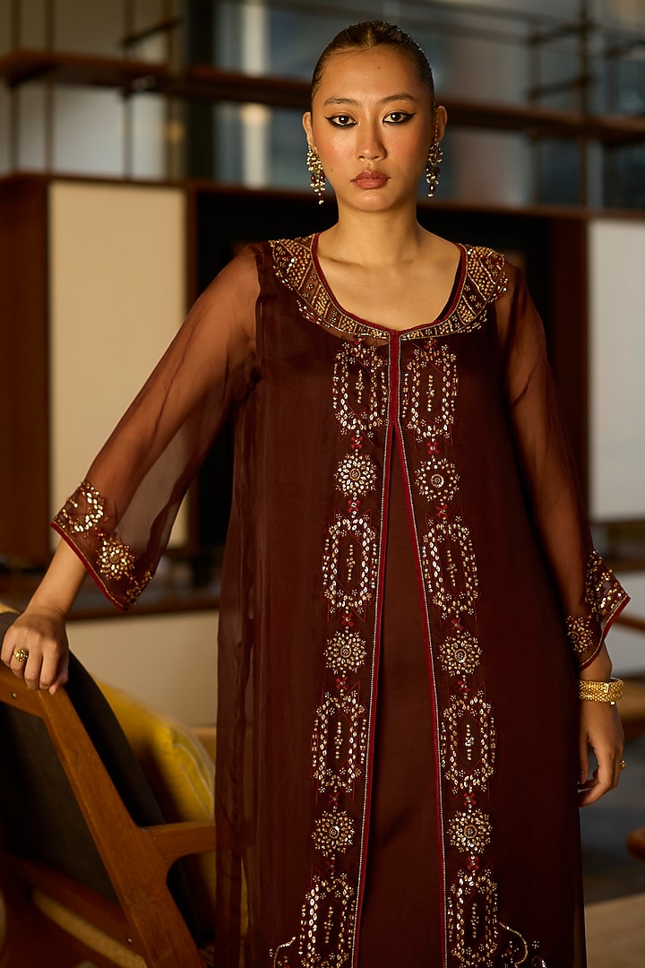 Brown Organza Silk Hand Embroidered Jacket Set by Sarang Kaur at Pernia's Pop Up Shop