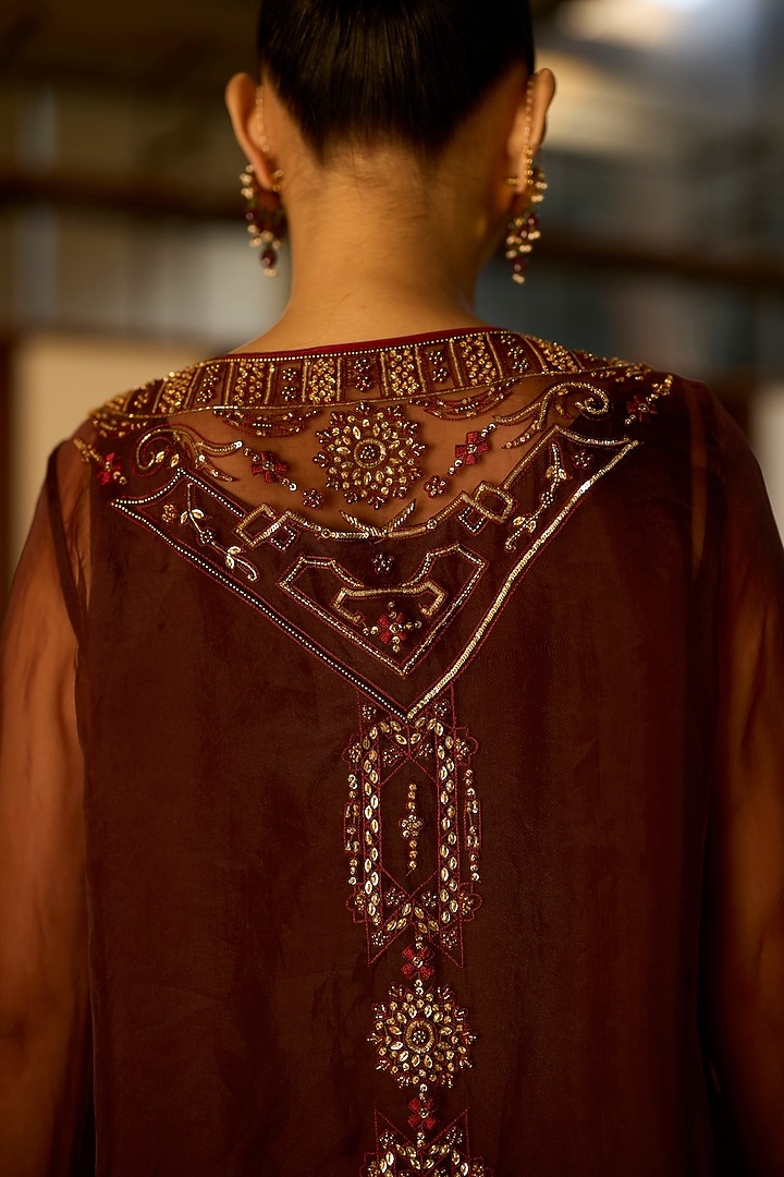 Brown Organza Silk Hand Embroidered Jacket Set by Sarang Kaur at Pernia's Pop Up Shop
