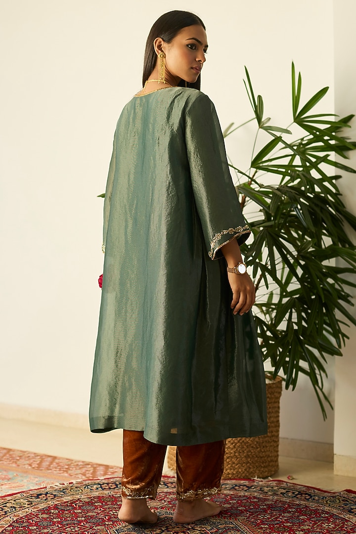 Green Tissue Silk Hand Embroidered Kurta Set by Sarang Kaur at Pernia's Pop Up Shop