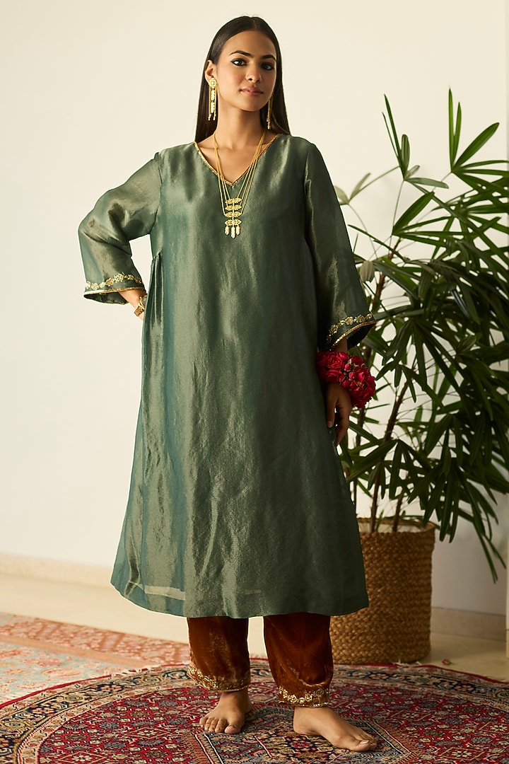 Green Tissue Silk Hand Embroidered Kurta Set by Sarang Kaur at Pernia's Pop Up Shop