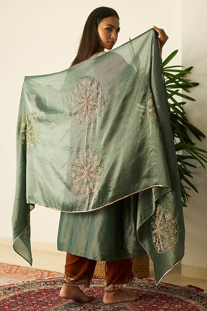 Green Tissue Silk Hand Embroidered Kurta Set by Sarang Kaur at Pernia's Pop Up Shop