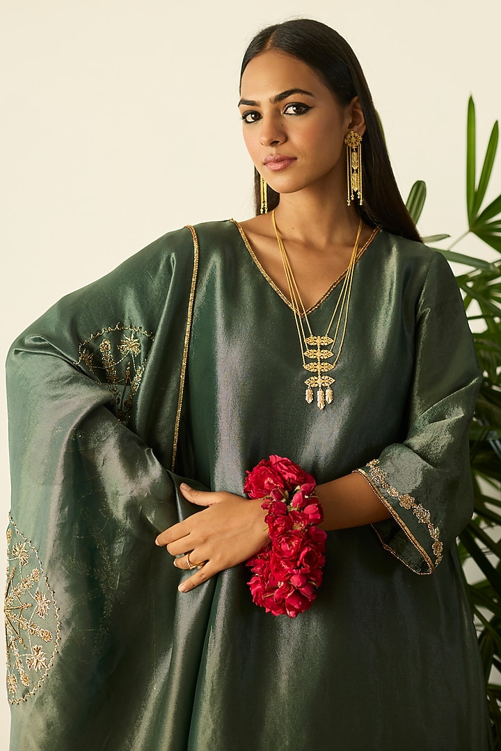 Green Tissue Silk Hand Embroidered Kurta Set by Sarang Kaur at Pernia's Pop Up Shop