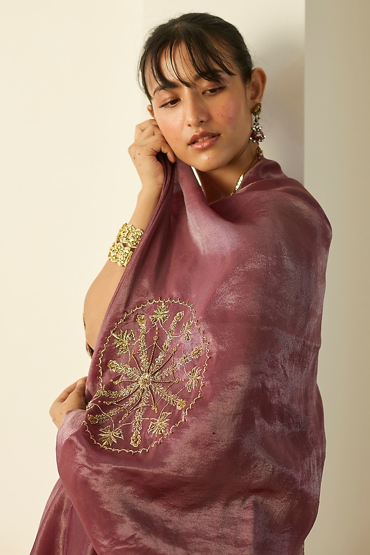 Purple Tissue Silk Hand Embroidered Kurta Set by Sarang Kaur at Pernia's Pop Up Shop