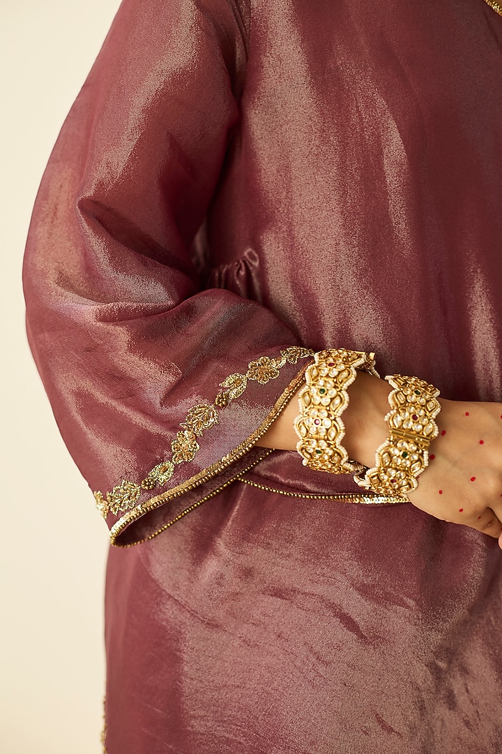 Purple Tissue Silk Hand Embroidered Kurta Set by Sarang Kaur at Pernia's Pop Up Shop