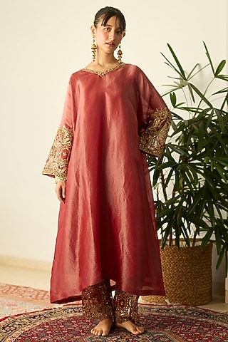 Red Tissue Silk Hand Embroidered Kaftan Set by Sarang Kaur