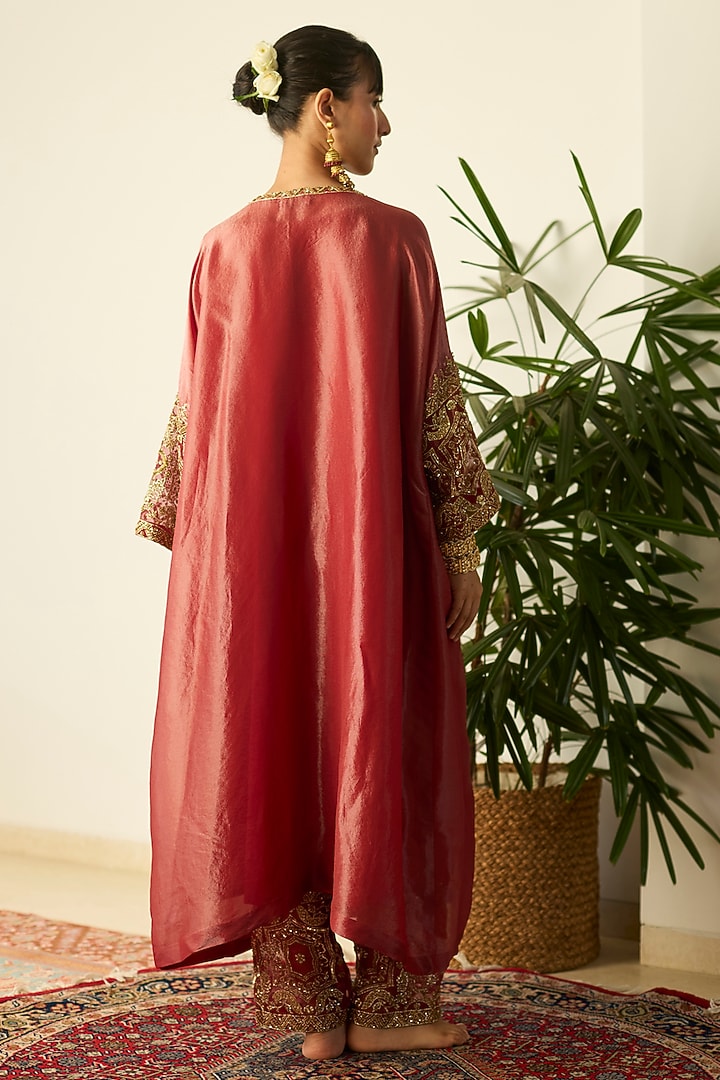Red Tissue Silk Hand Embroidered Kaftan Set by Sarang Kaur at Pernia's Pop Up Shop