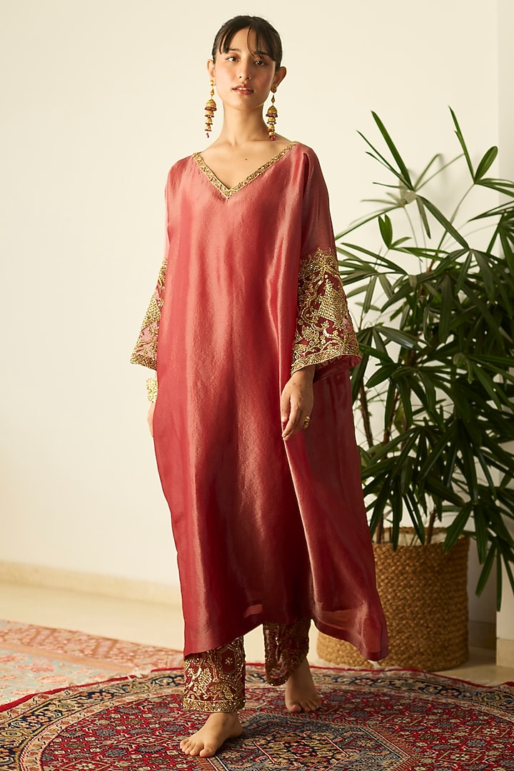 Red Tissue Silk Hand Embroidered Kaftan Set by Sarang Kaur at Pernia's Pop Up Shop