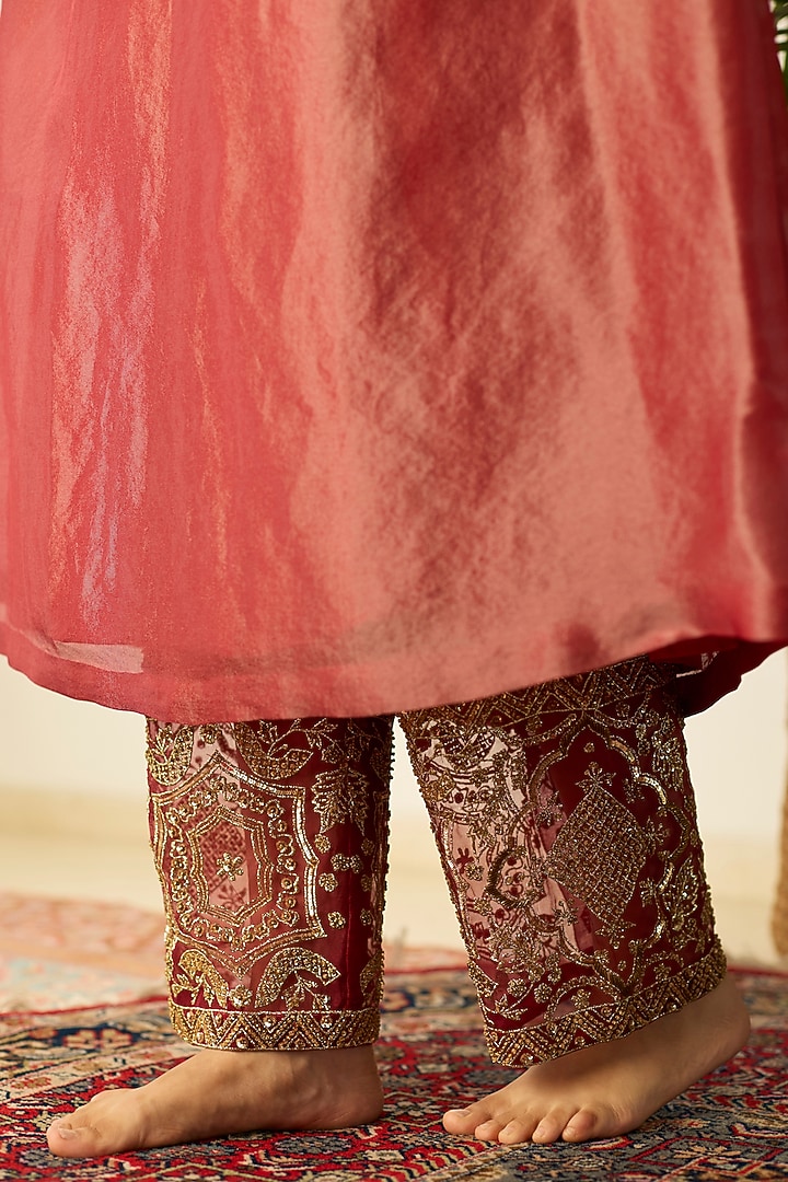Red Tissue Silk Hand Embroidered Kaftan Set by Sarang Kaur at Pernia's Pop Up Shop