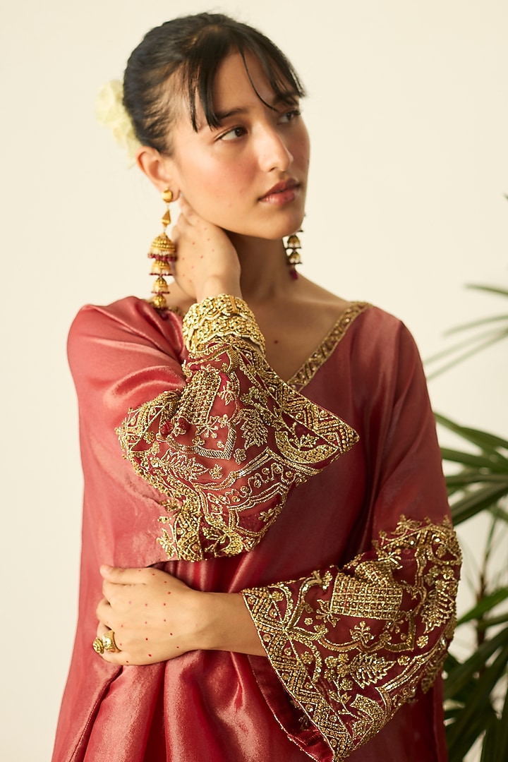Red Tissue Silk Hand Embroidered Kaftan Set by Sarang Kaur at Pernia's Pop Up Shop