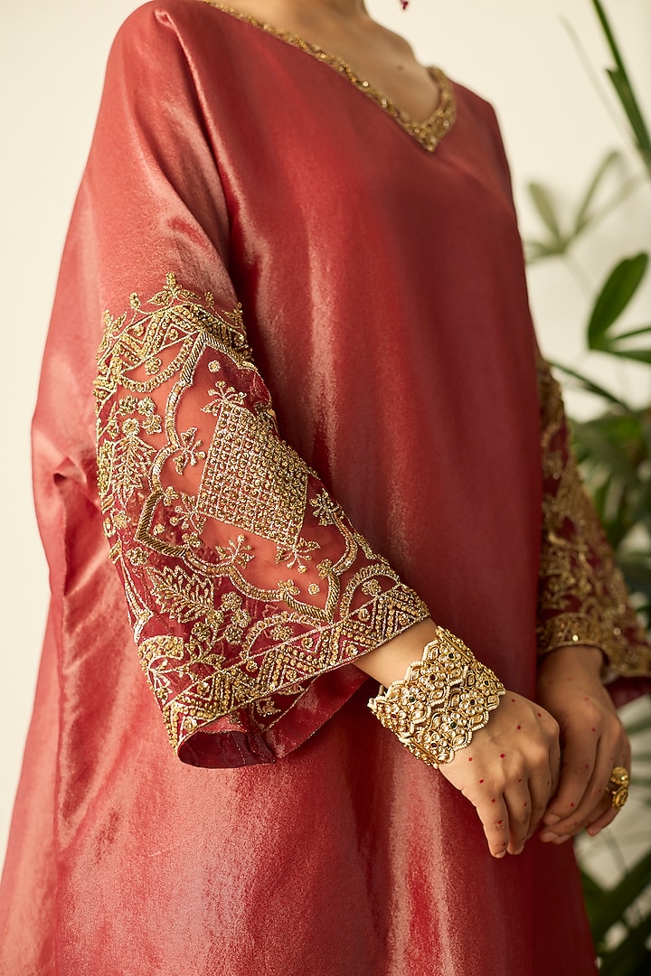 Red Tissue Silk Hand Embroidered Kaftan Set by Sarang Kaur at Pernia's Pop Up Shop