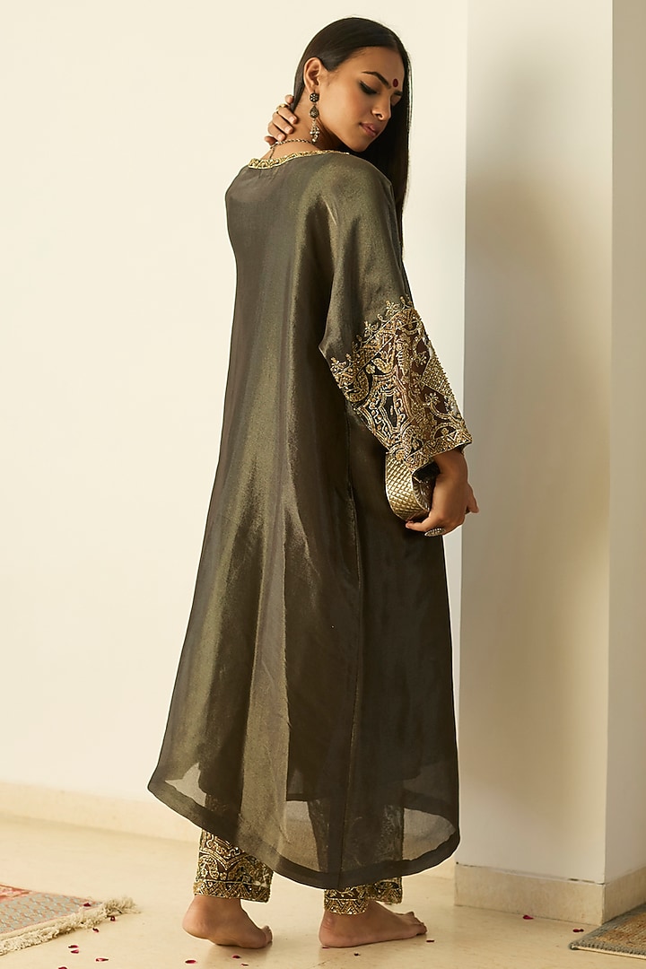Grey Tissue Silk Hand Embroidered Kaftan Set by Sarang Kaur at Pernia's Pop Up Shop
