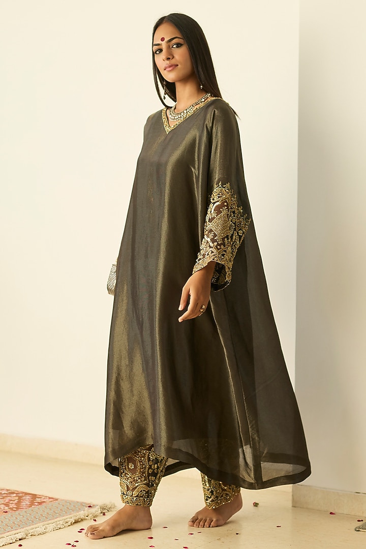 Grey Tissue Silk Hand Embroidered Kaftan Set by Sarang Kaur at Pernia's Pop Up Shop