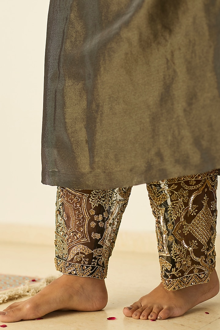 Grey Tissue Silk Hand Embroidered Kaftan Set by Sarang Kaur at Pernia's Pop Up Shop
