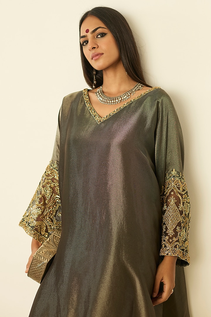 Grey Tissue Silk Hand Embroidered Kaftan Set by Sarang Kaur at Pernia's Pop Up Shop