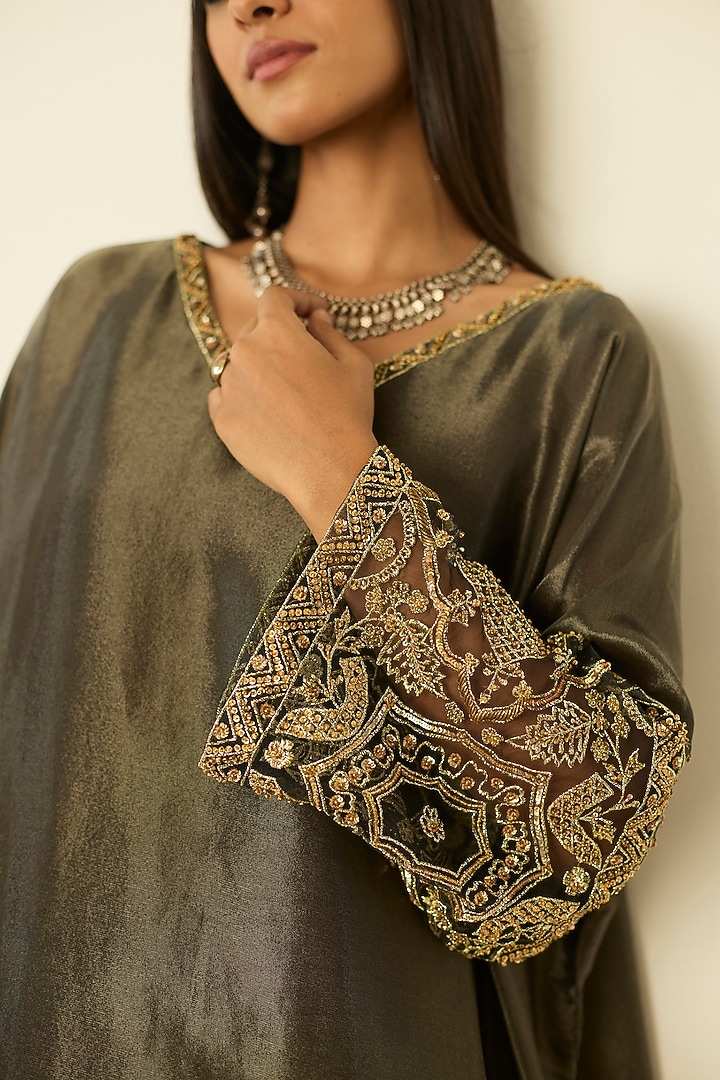 Grey Tissue Silk Hand Embroidered Kaftan Set by Sarang Kaur at Pernia's Pop Up Shop