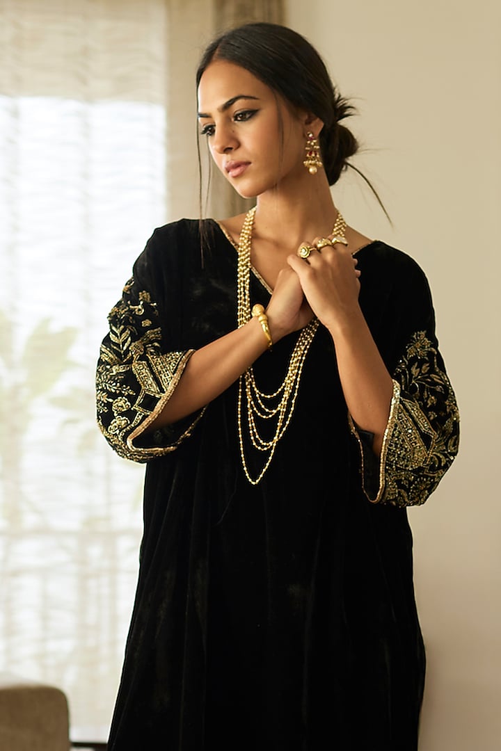 Black Velvet Hand Embroidered Kaftan Set by Sarang Kaur at Pernia's Pop Up Shop