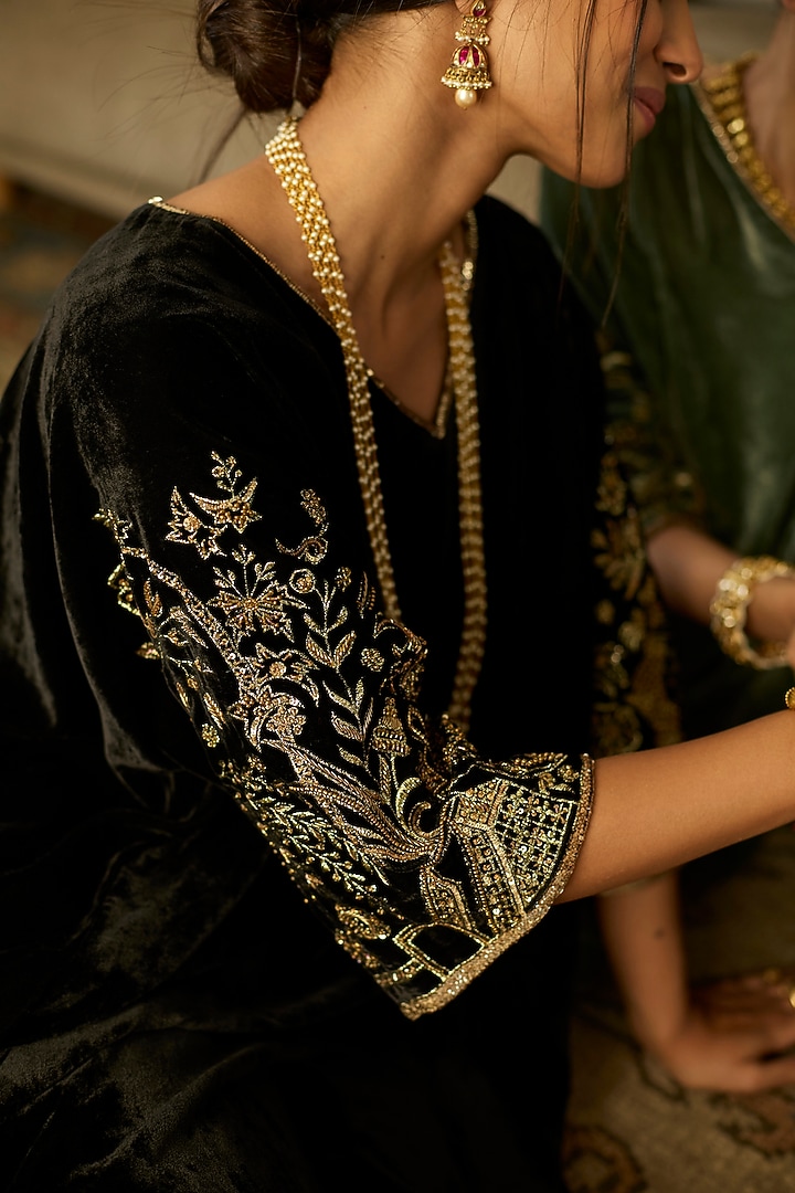 Black Velvet Hand Embroidered Kaftan Set by Sarang Kaur at Pernia's Pop Up Shop