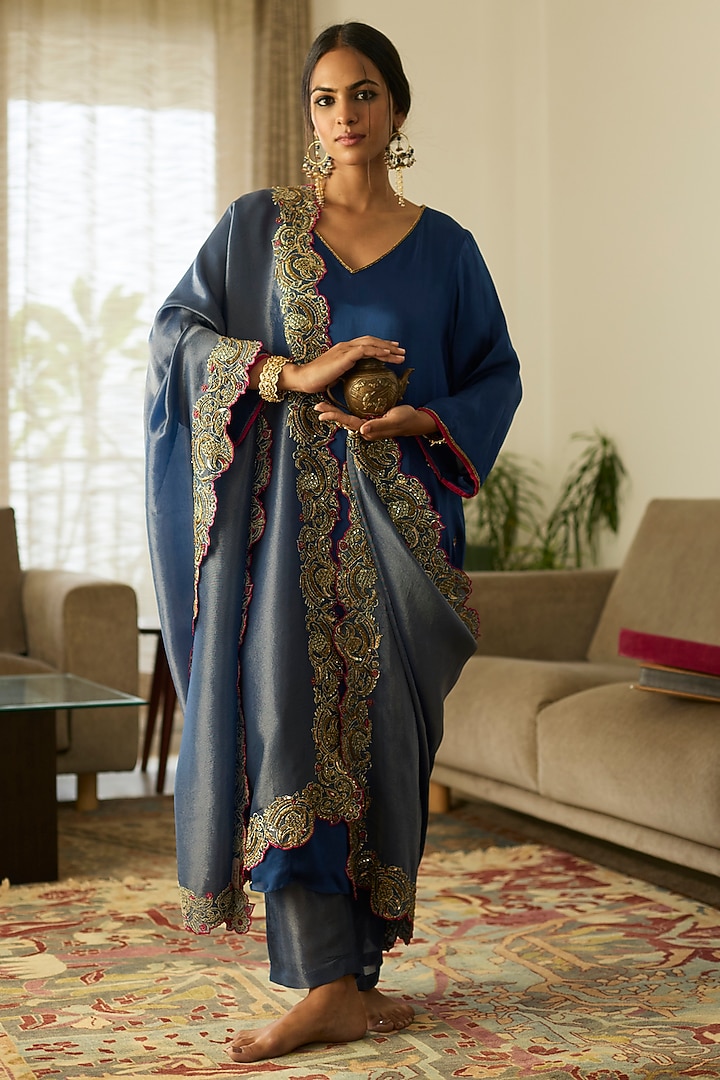 Blue Satin Silk Hand Embroidered Kurta Set by Sarang Kaur at Pernia's Pop Up Shop