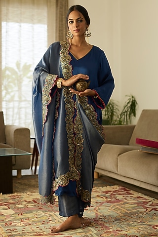 Blue Satin Silk Hand Embroidered Kurta Set by Sarang Kaur