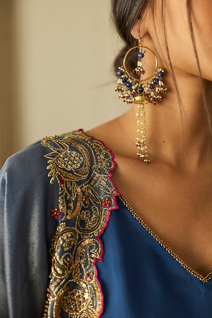 Blue Satin Silk Hand Embroidered Kurta Set by Sarang Kaur at Pernia's Pop Up Shop