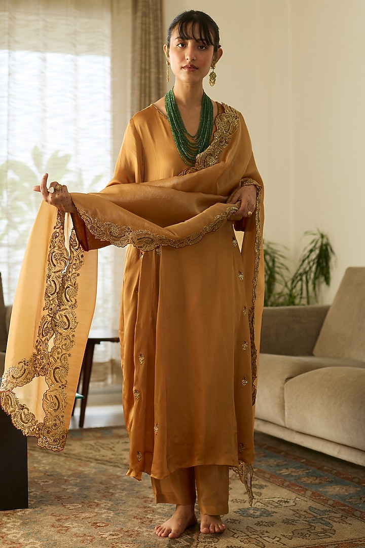 Mustard Satin Silk Hand Embroidered Kurta Set by Sarang Kaur at Pernia's Pop Up Shop