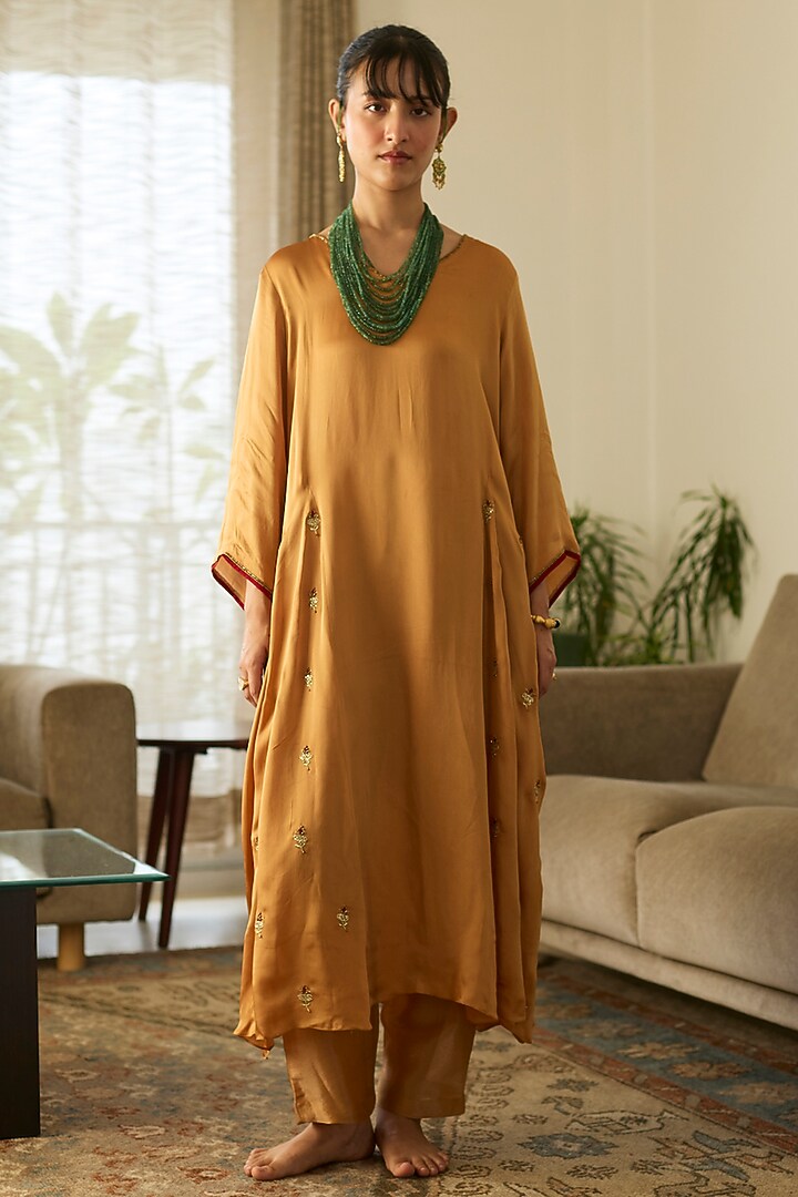 Mustard Satin Silk Hand Embroidered Kurta Set by Sarang Kaur at Pernia's Pop Up Shop