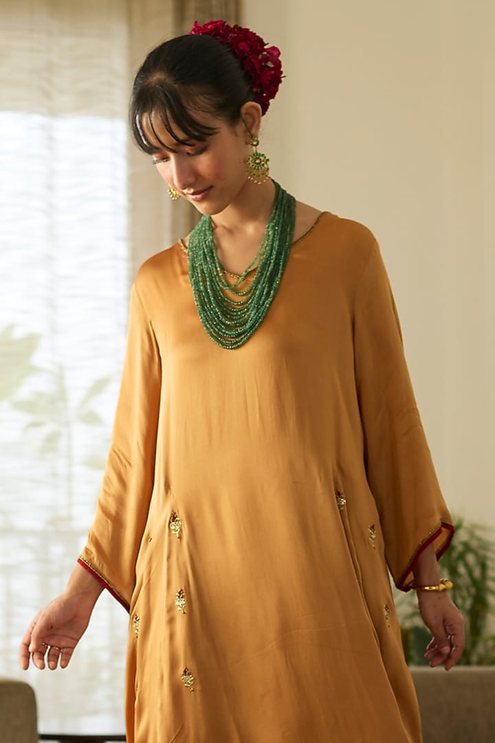 Mustard Satin Silk Hand Embroidered Kurta Set by Sarang Kaur at Pernia's Pop Up Shop