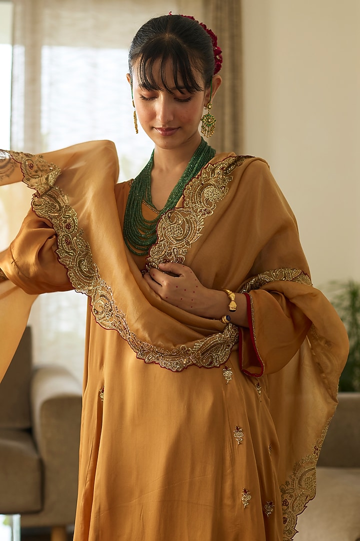 Mustard Satin Silk Hand Embroidered Kurta Set by Sarang Kaur at Pernia's Pop Up Shop
