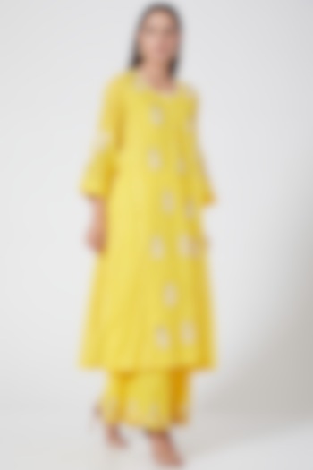 Bright Yellow Embroidered Kalidar Kurta Set by Sareeka H & Mukkta Dograa