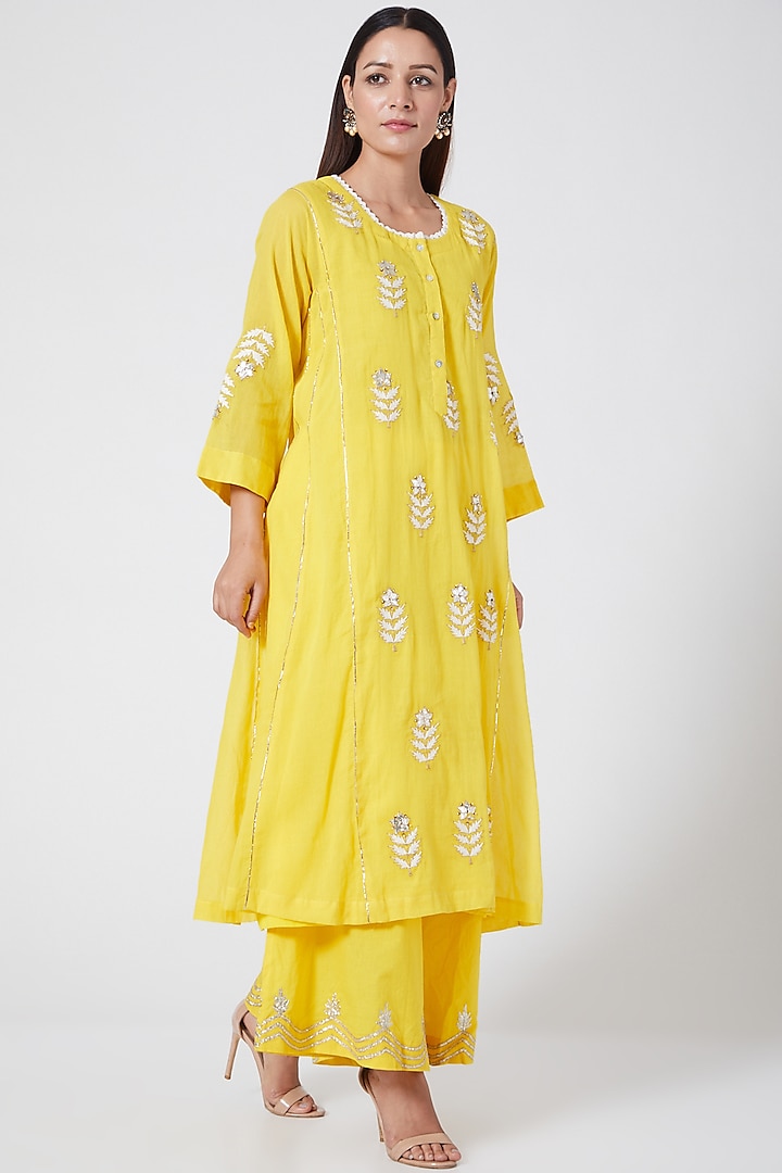 Bright Yellow Embroidered Kalidar Kurta Set by Sareeka H & Mukkta Dograa at Pernia's Pop Up Shop