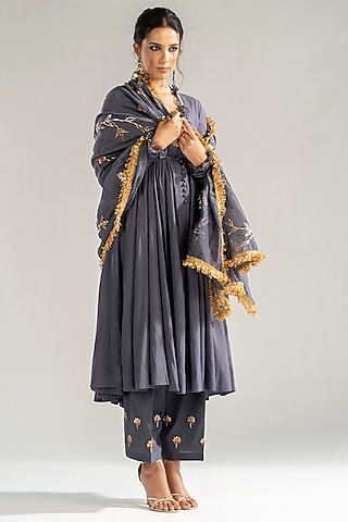 Grey Cotton Embroidered Kalidar Kurta Set by Sareeka H & Mukkta Dograa