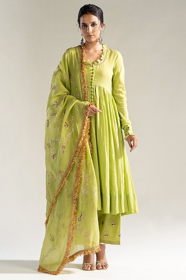 Green Cotton Embroidered Kalidar Kurta Set by Sareeka H & Mukkta Dograa