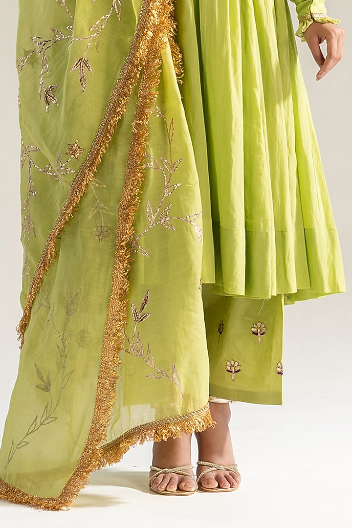 Green Cotton Embroidered Kalidar Kurta Set by Sareeka H & Mukkta Dograa at Pernia's Pop Up Shop